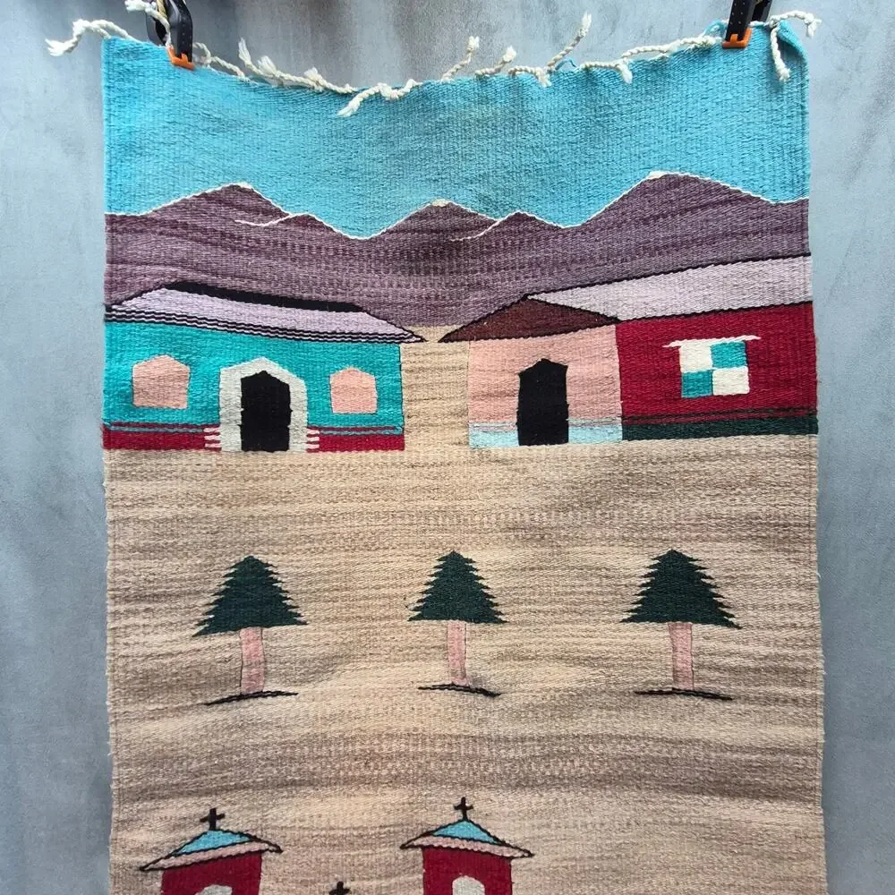 Vintage Mexican Southwest Village Church Scene Wool Tapestry/Wall Hanging Woven